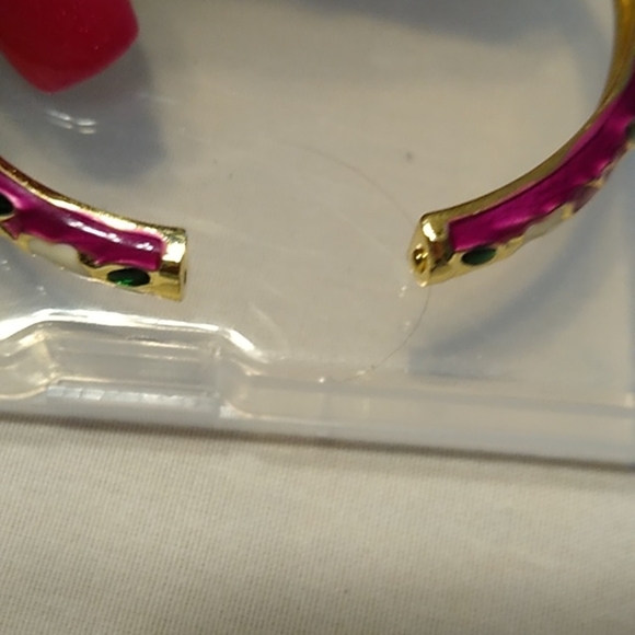 Vintage Fuchsia Enamel Cloisonne Goldtone Floral Bangle Bracelet Hinge Opening - Picture 7 of 11